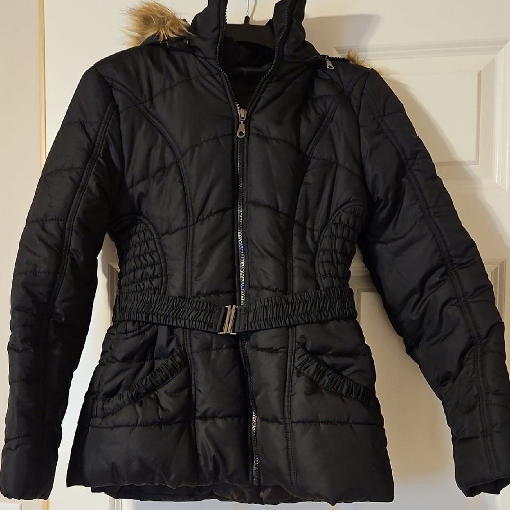 Rampage Black Quilted Puffer Jacket with Fur Hood